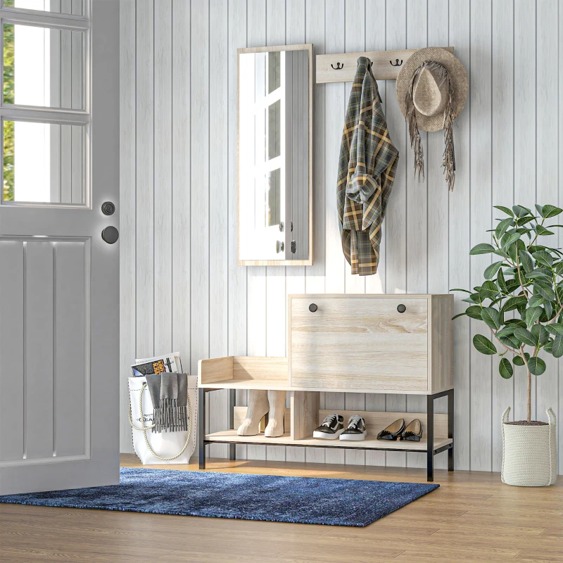 HOMCOM Ensemble 3 en 1 meuble d'entrée design contemporain meuble chaussures, miroir et panneau porte-manteau acier noir