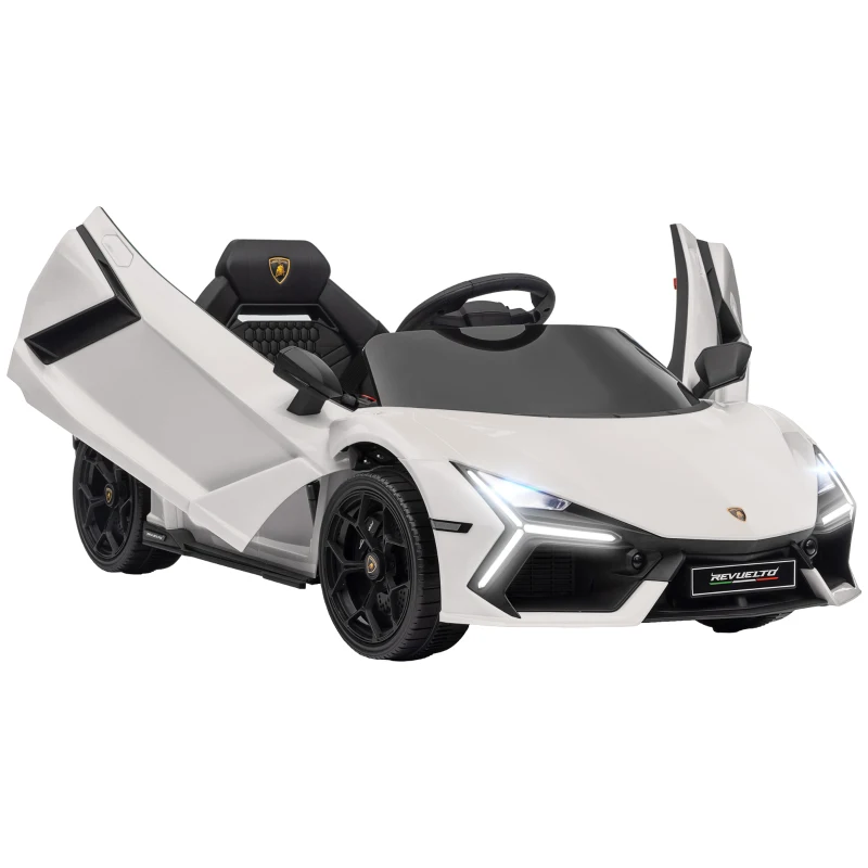AIYAPLAY Coche Eléctrico para Niños de +3 Años Lamborghini Revuelto con Mando a Distancia Faros LED Bocina Música Blanco