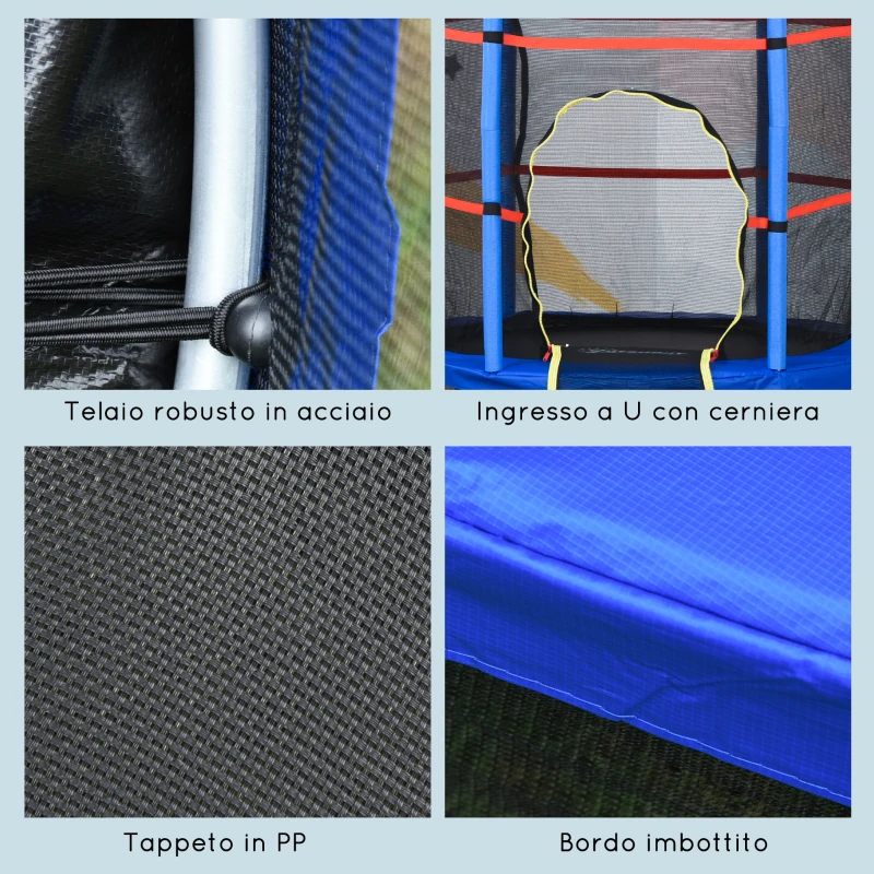 HOMCOM Tappeto Elastico per Bambini da 3 Anni con Rete di Protezione e Corde Bungee Ø140x160Acm, Blu