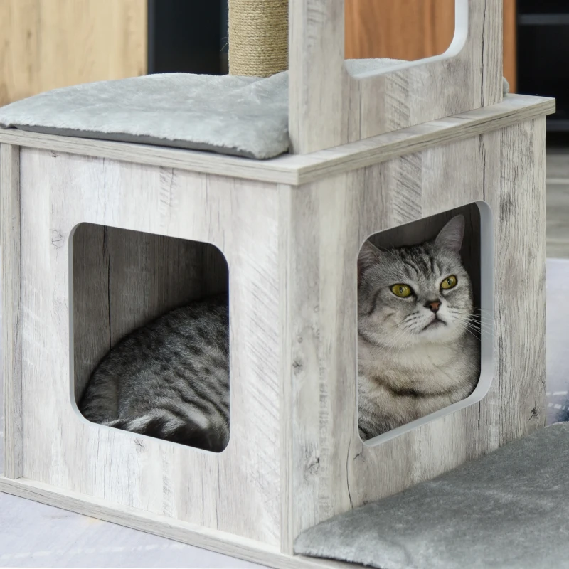 PawHut Árbol Rascador para Gatos 67x38,5x114 cm Torre de Escalada de Gatos con Cueva de Madera Múltiples Plataformas y Postes de Rascar de Yute Juego y Descanso Gris