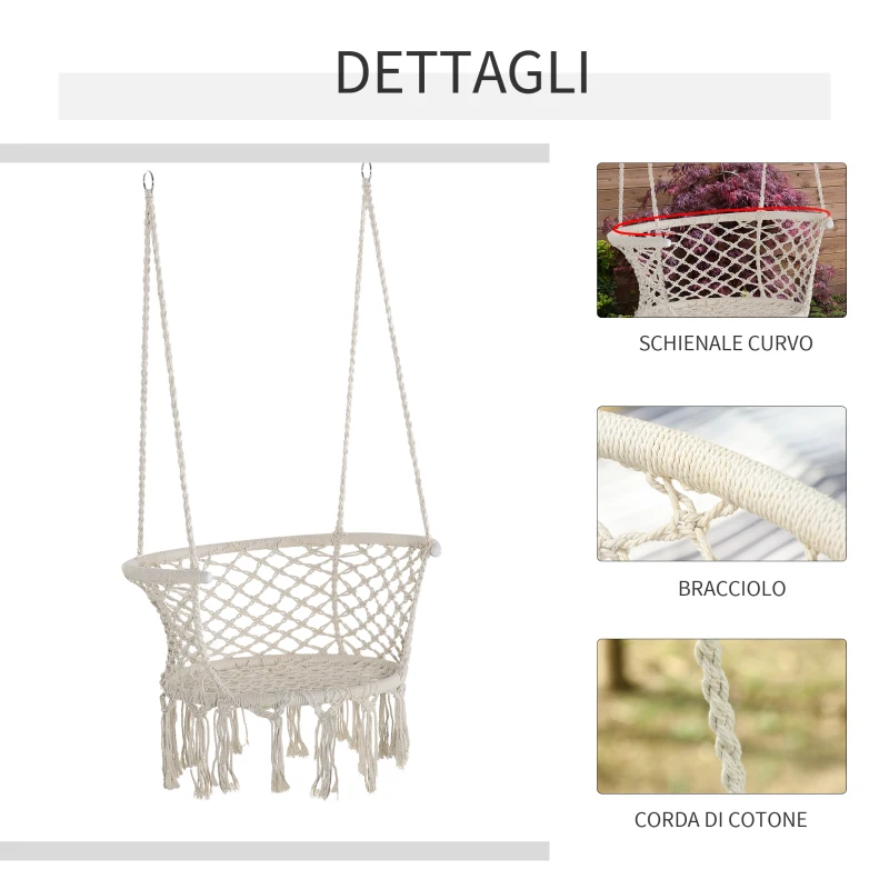 Outsunny Amaca da Giardino in Stile Boho Chic, Sedia Sospesa in Poliestere e Macramè per Interni ed Esterni, Crema, 80x60x36cm