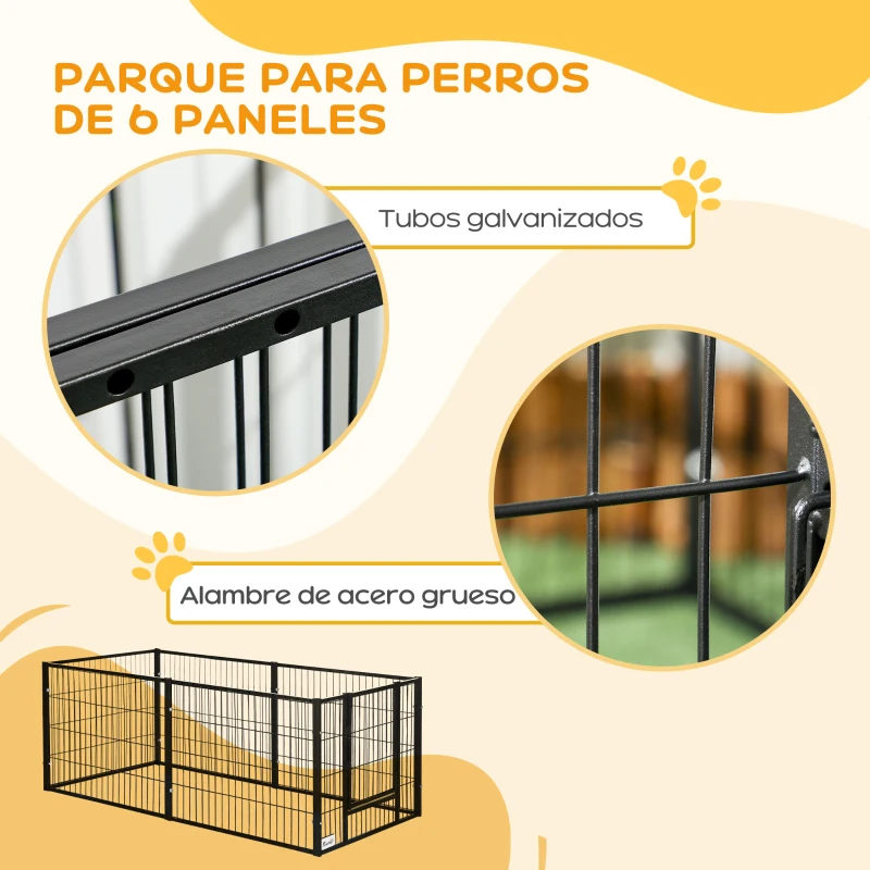 PawHut Parque para Perros de 6 Paneles Valla Metálica para Mascotas con Ancho Ajustable 82,5-150x79x61 cm Negro