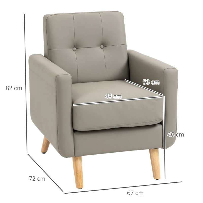 HOMCOM Retro Accent Chair, Tufted Living Room Chairs, PU Leather Armchair for Bedroom, Home Office, Grey