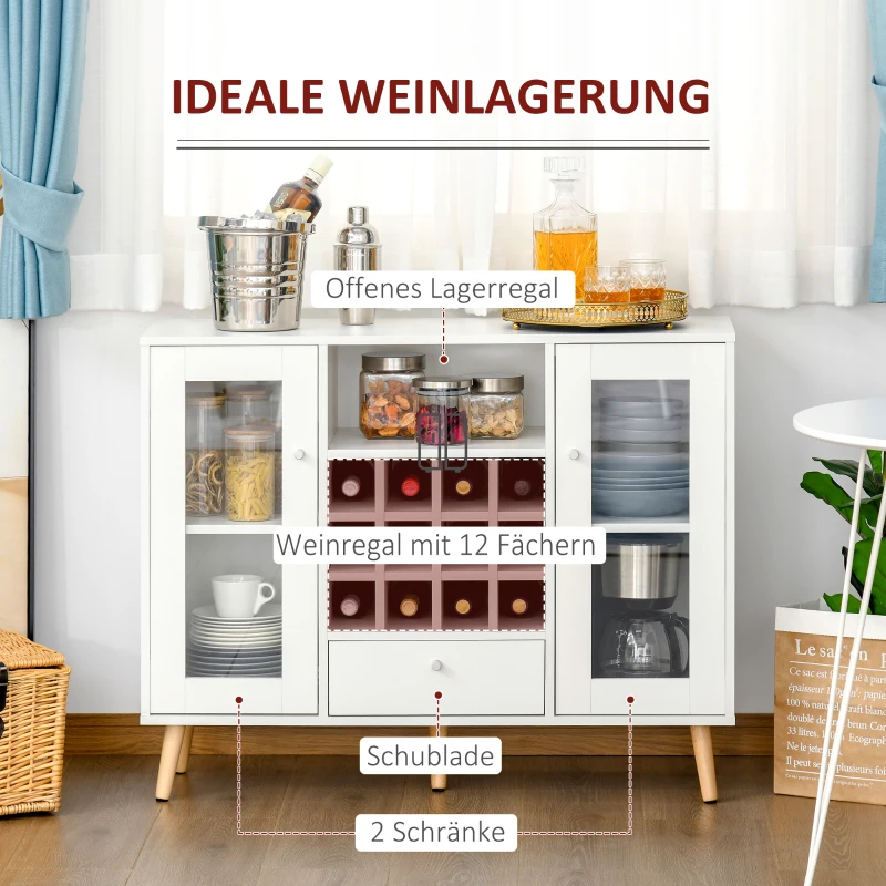 HOMCOM Küchenschrank Sideboard Küchenmöbel mit Glastüren Schublade und 12-Flaschen Weinregal für Esszimmer Küche Spanplatte Hartholz Weiß 100 x 33 x 80 cm