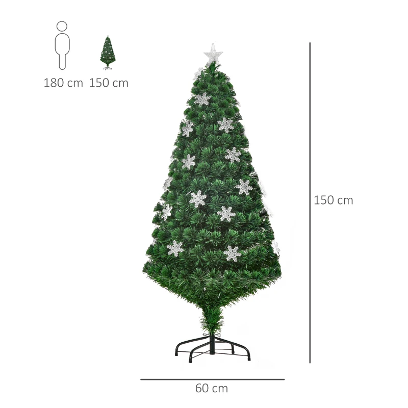 HOMCOM Árbol de Navidad Artificial 150cm con Luces LED Copos de Nieve y Fibra Óptica Decoración Navideña con Luces Multicolor