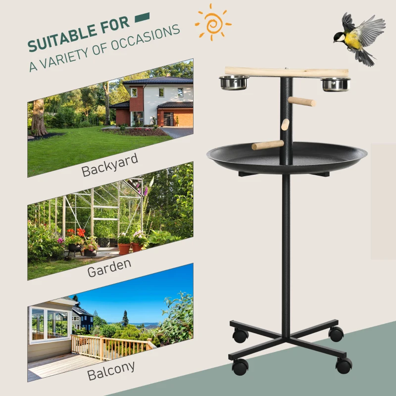 PawHut Parrot Perch Stand, Large Bird Play Stand, Metal Bird Table Feeder Station with Stainless Steel Bowls, Four Wheels, Round Tray, Black