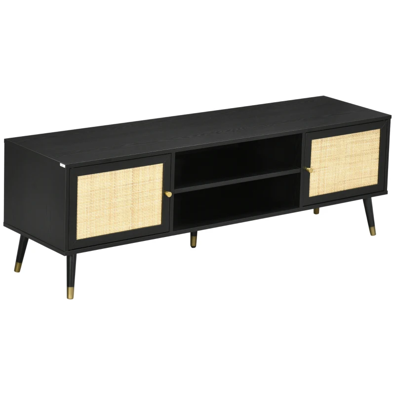 HOMCOM TV-Bank im Boho-Design, TV-Schrank, Rattanelemente, 1 Regalboden, 2 Schränke, Schwarz + Natur