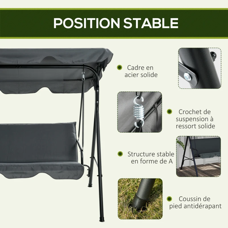 Outsunny Balancelle de Jardin 3 Places Toit Inclinaison réglable Coussins Assise et Dossier Acier Noir Polyester Gris
