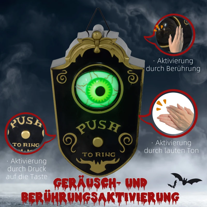 HOMCOM Halloweendeko, Türglocke mit Horror-Auge, Geräusch- & Touchsensor, beweglich, grünes Licht(m-6)