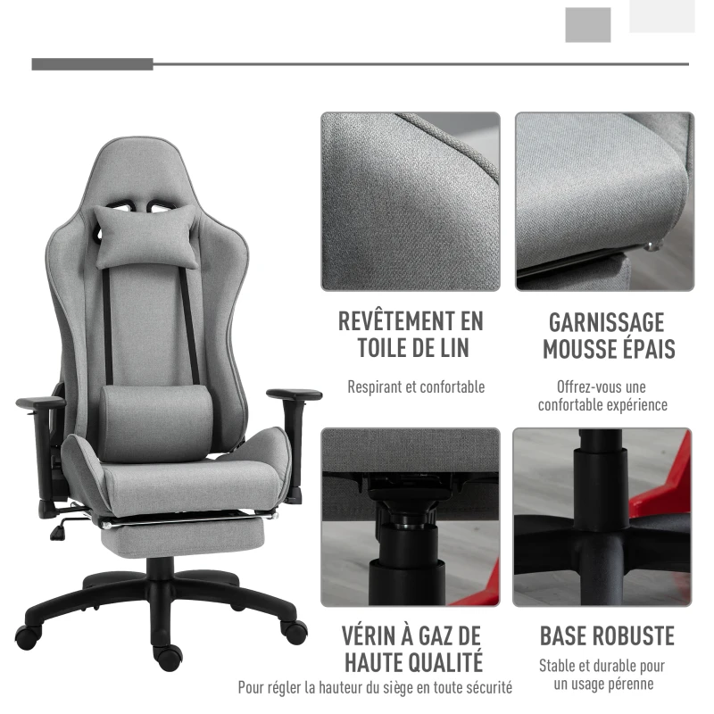 Vinsetto Fauteuil de bureau chaise de bureau manager grand confort repose-pied tétière + coussin lombaires intégrés dossier inclinable accoudoirs réglables lin gris