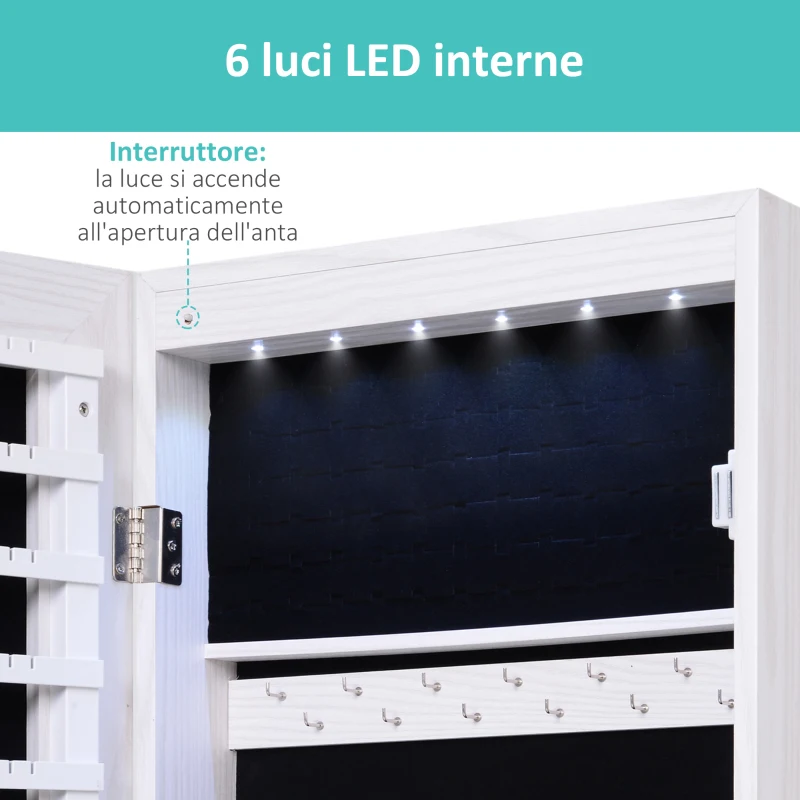 HOMCOM Specchiera Portagioielli con 6 Luci LED e Spazi Portaoggetti in Legno e Vetro, 37x120x10 cm, color Legno Bianco