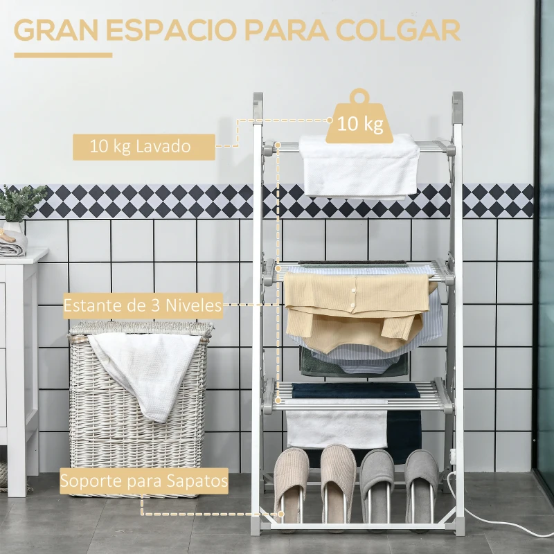 HOMCOM Tendedero Eléctrico Plegable de 3 Niveles Secador de Ropa y Zapatos de Aleación de Aluminio 66x73x135 cm Plata