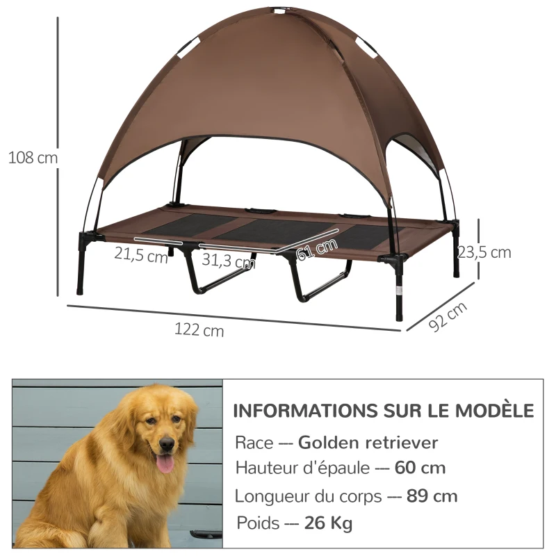 PawHut Lit pour chien chat sur pieds anti-UV tissu oxford micro-perforé + parasol + sac de transport inclus marron noir