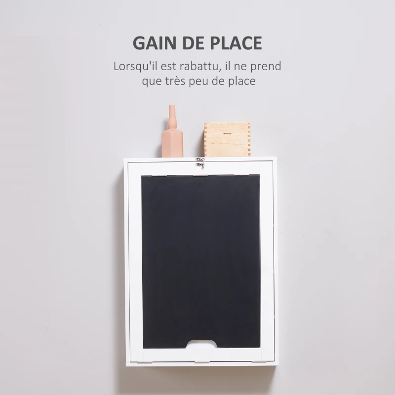 HOMCOM Bureau Mural Pliable Table Murale Rabattable Suspendue sur Pied étagère + Tableau à Craie intégré MDF Blanc