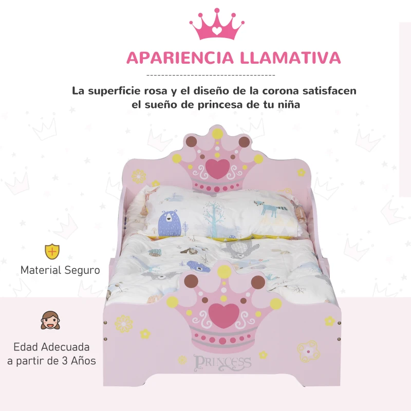 HOMCOM Cama Infantil de +3 Años 143x73x60 cm con Estampado de Corona Carga 50 kg para Dormitorio Rosa