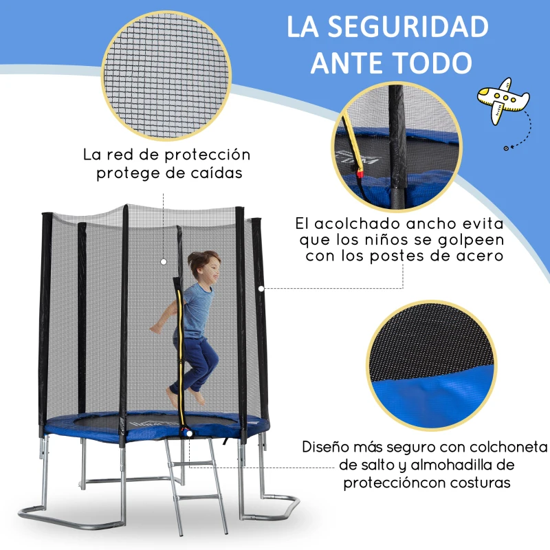 HOMCOM Cama Elástica de Jardín Ø183 cm Trampolín para Niños Adultos con Superficie de Salto Red de Seguridad Cubierta de Bordes y Escalera para Interior Exterior Azul