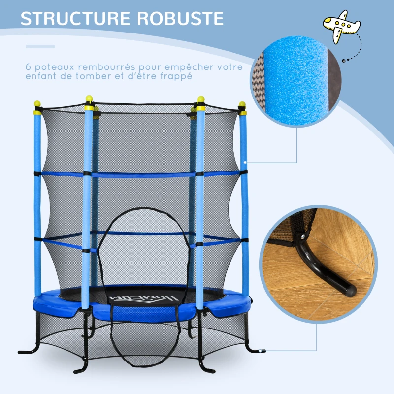 HOMCOM Trampoline Enfant Ø 1,63 × 1,63H m Filet de sécurité Porte zipée Couvre-Ressorts 6 poteaux rembourrés Inclus bleu