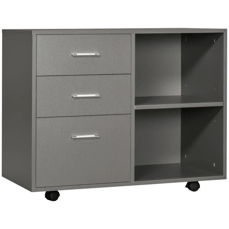 HOMCOM Freestanding Printer Stand Unit Office Desk Side Mobile Storage w/ Wheels 3 Drawers, 2 Open Shelves Modern Style 80L x 40W x 65H cm - Grey