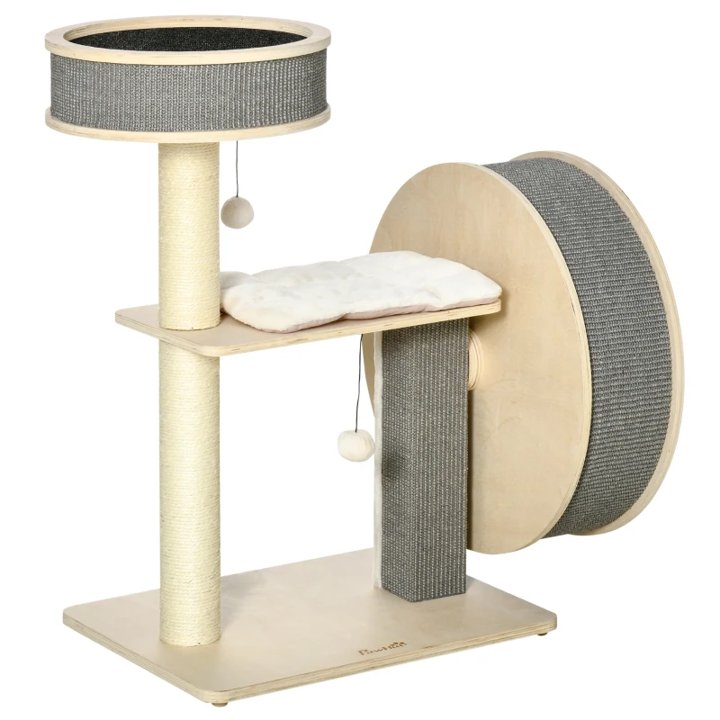 PawHut Árbol Rascador para Gatos Mediano Altura 91 cm Torre Escalador Gatos con Rueda para Ejercitar Cama Plataforma Cojines Poste de Sisal y Bolas de Juguete Gris y Crema