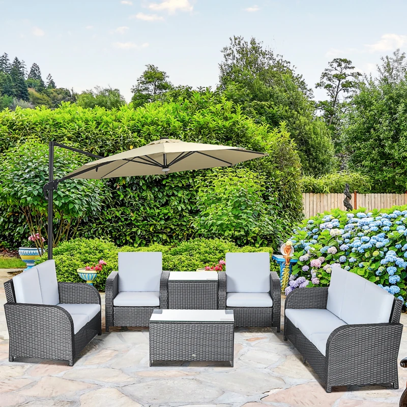Outsunny 7 Seater Outdoor Rattan Garden Furniture Sets with Wicker Sofa, Reclining Armchair and Glass Table, 181x75x81cm, Grey