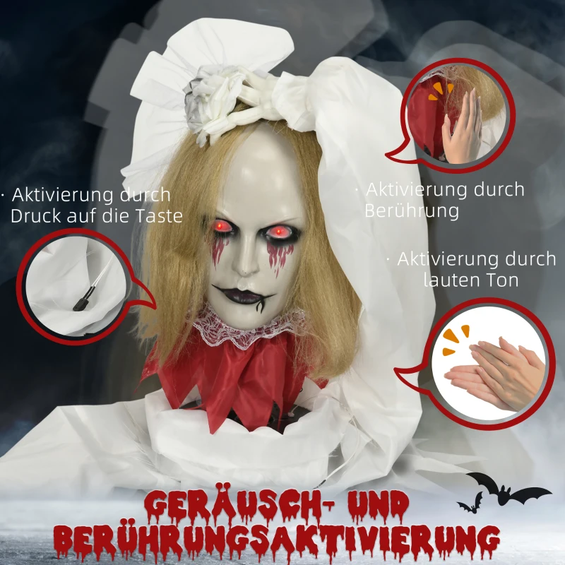 HOMCOM Halloween-Dekoration Zombiebraut, LED-Augen, heult, fährt hoch, Geräusch- & Bewegungssensor, 36 cm