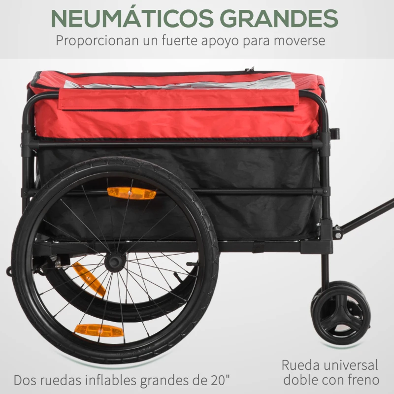 HOMCOM 2 en 1 Remolque de Bicicleta para Carga 40 kg Carro de Mano con Bandera Mango de Empuje Desmontable Marco de Acero y Reflectores 130x64x103 cm Negro y Rojo