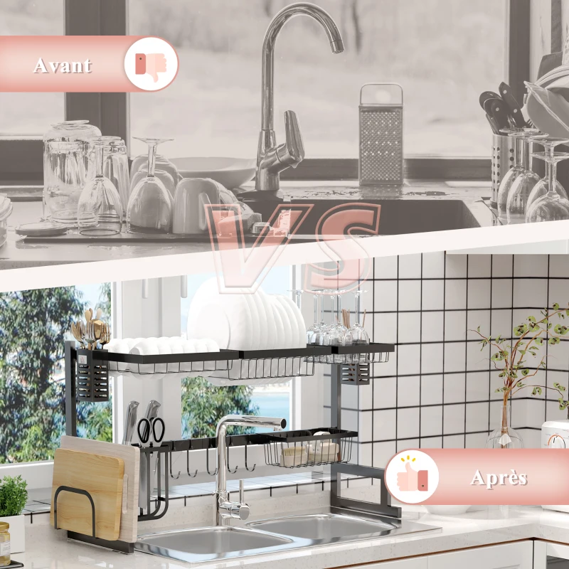 HOMCOM Égouttoir à vaiselle 2 niveaux porte-couteau support pour planche à découper 93 x 30 x 52,5 cm acier noir