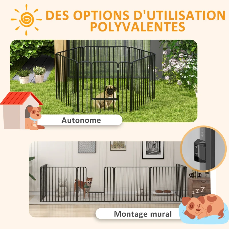 PawHut Parc enclos modulable pour chien avec 1 porte 6 panneaux modulables intérieur extérieur 80 cm hauteur acier noir