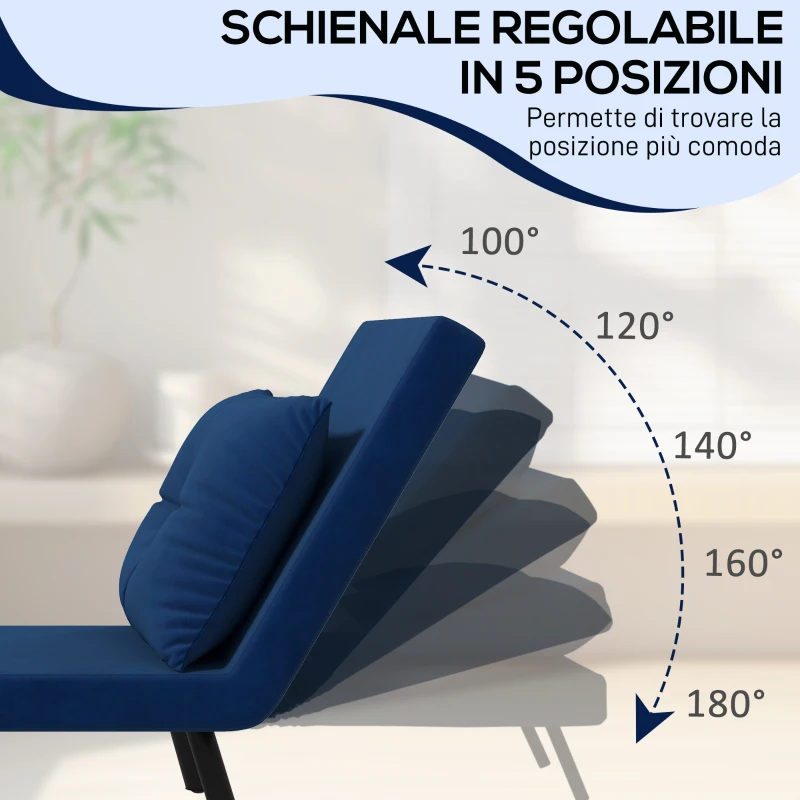 HOMCOM Poltrona Letto 3 in 1 con Schienale Reclinabile e Cuscino, in Tessuto Effetto Velluto, 63x73x81 cm, Blu