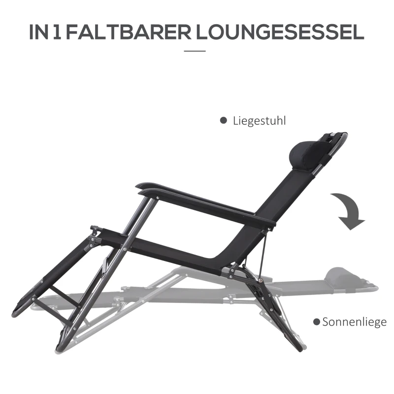 Outsunny Sonnenliege mit Kissen, Klappbare Strandliege, 2-Stufige Gartenliege , 2-in-1 Relaxliege, Metall + Oxfordstoff, Schwarz 118 x 60 x 80 cm