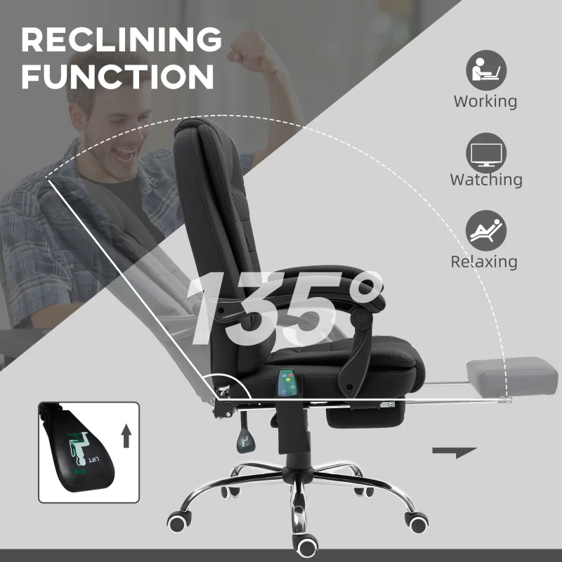 Vinsetto Office Chair with 6 Point Massage and Back Heat, Microfibre Desk Chair with Footrest Adjustable Height and Swivel Wheels, Back Reclining, Full Black