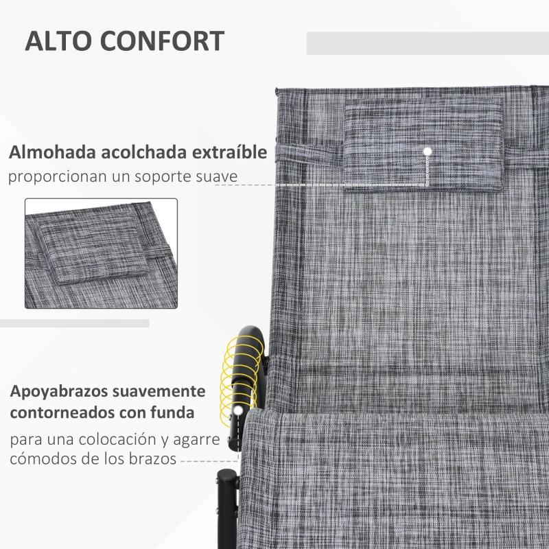 Outsunny Tumbona Mecedora con Reposacabezas Reposabrazos y Marco Metálico Carga 120 kg para Interior y Exterior 155x61x88 cm Gris
