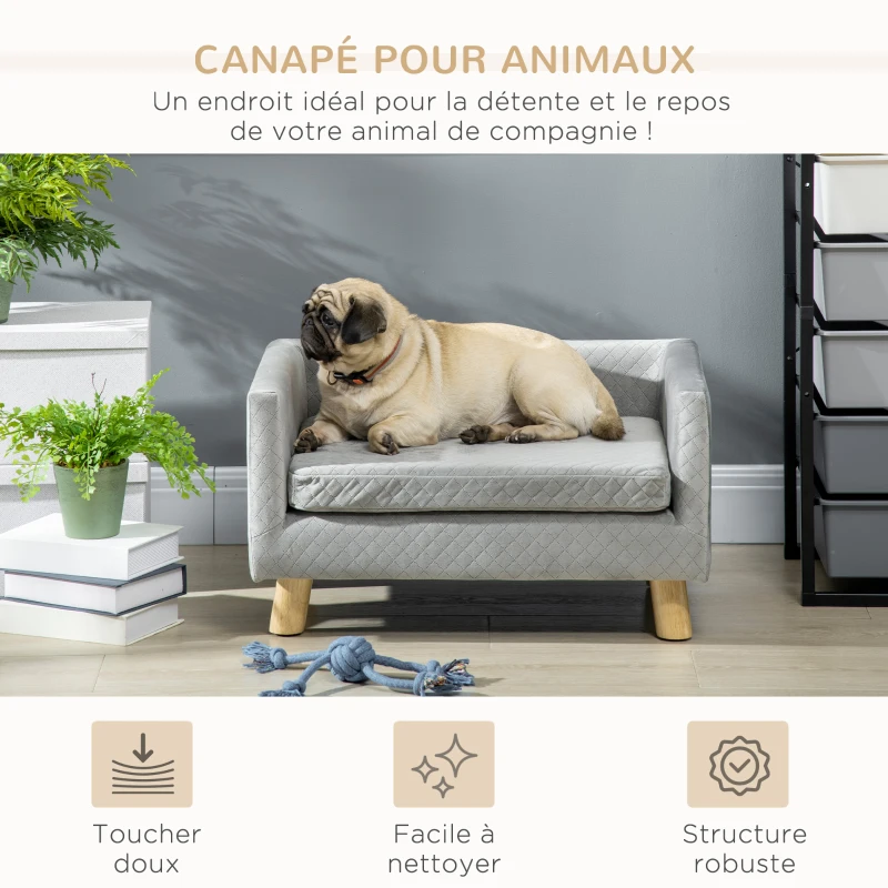 PawHut Canapé chien lit pour chien design scandinave coussin moelleux pieds bois massif dim. 64 x 45 x 36 cm velours gris