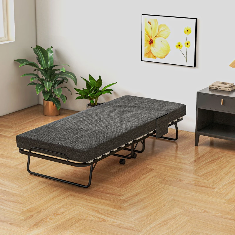 HOMCOM Single Steel Frame Folding Bed, with Wheels - Black/Grey