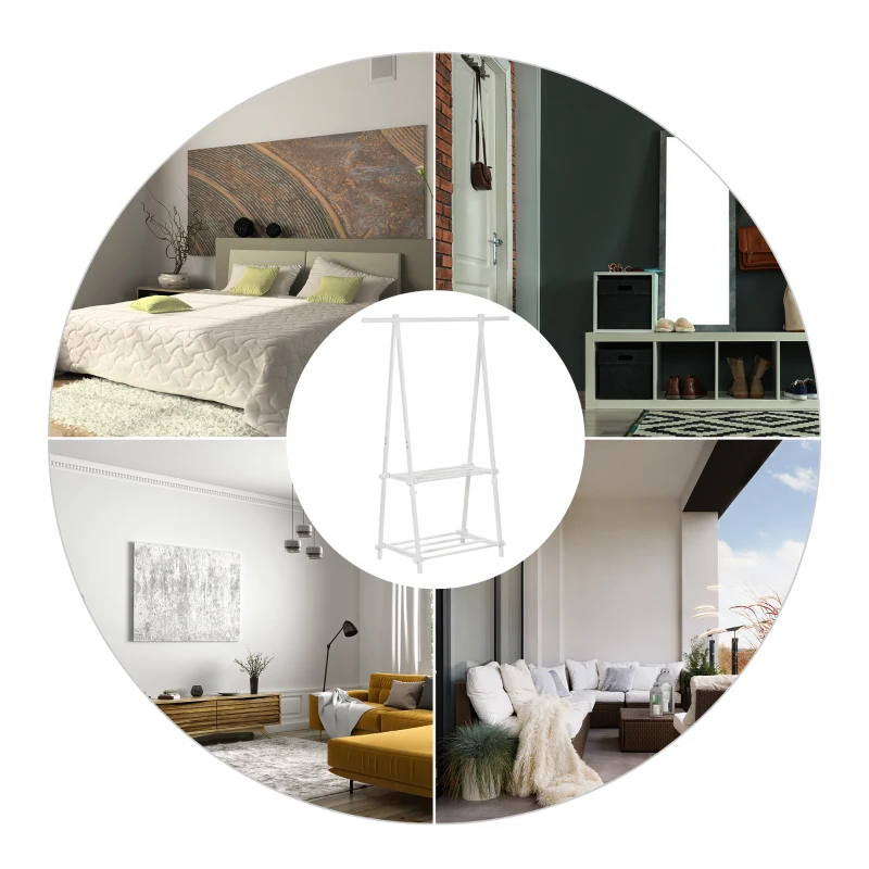 HOMCOM Perchero de Pie Plegable con 2 Estantes y Barra para Colgar Ropa Perchero para Dormitorio Entrada 107,5x45x150 cm Blanco