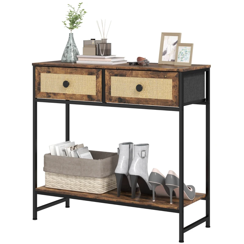 HOMCOM Mesa Consola con Estante Abierto y 2 Cajones Frontales de Ratán Consola para Recibidor 80x30x75 cm Marrón Rústico