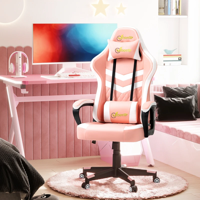 Vinsetto Gaming Chair, Computer Desk Chair with Lumbar Support, Faux Leather Racing Chair with Headrest and Swivel Wheels for Home Office, Pink