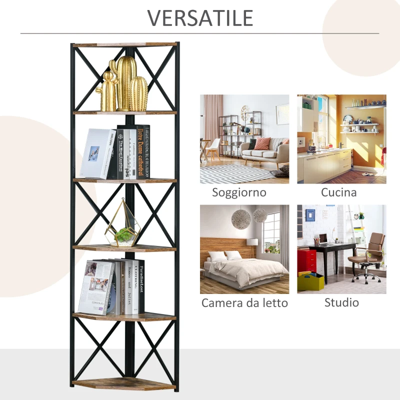 HOMCOM Libreria Angolare a Muro, Scaffale Stile Industriale in Legno e Metallo con 5 Ripiani, 39x39x175cm, Marrone Rustico