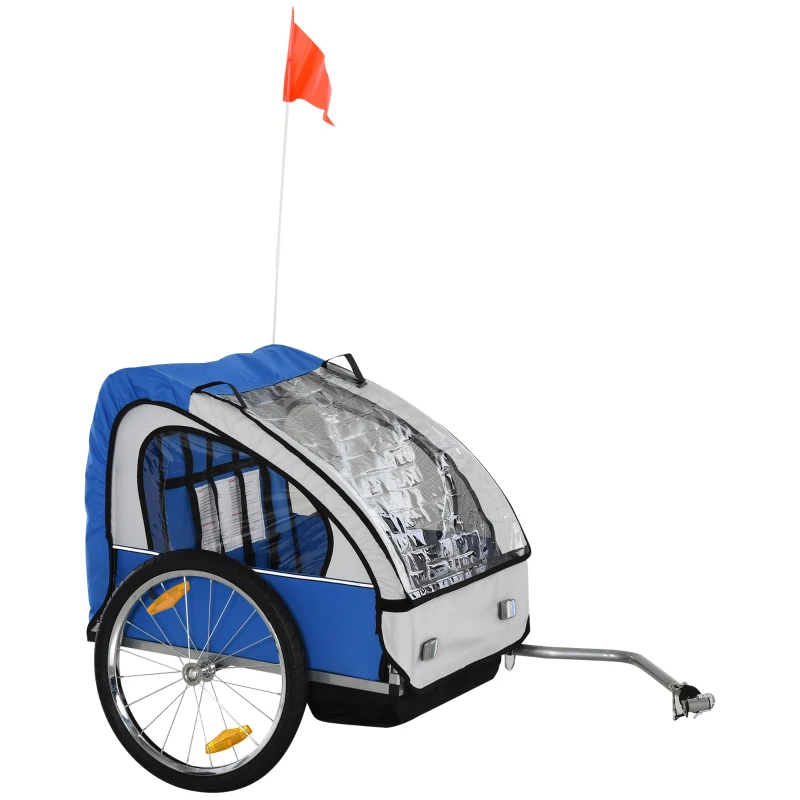 HOMCOM 2 Seat Bike Trailer Bicycle wagon for Kids Child Steel Frame Safety Harness Seat Carrier Hitch Coupler Blue White 130 x 76 x 88 cm