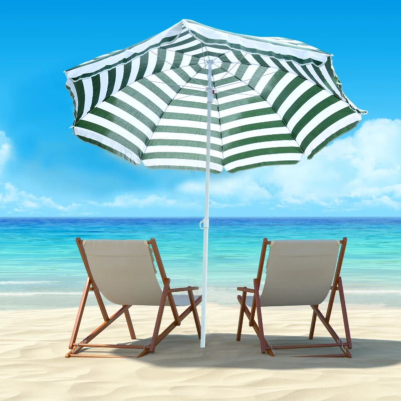 Outsunny Parasol de plage parasol inclinable octogonal Ø 180 cm Tissu Polyester Haute densité Anti-UV mât démontable Vert Blanc rayé