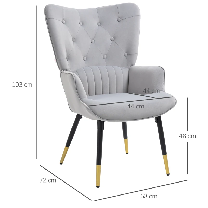 HOMCOM Butaca de Salón Sillón Individual Tapizado en Terciopelo con Respaldo Alto Estilo Moderno 68x72x103 cm Gris Claro