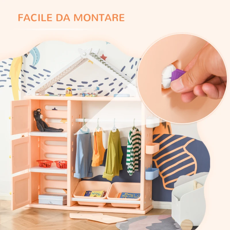 HOMCOM Armadio Cameretta, Mobile Portagiochi con Contenitori e Appendiabiti in PE Arancione, 128x34x155cm