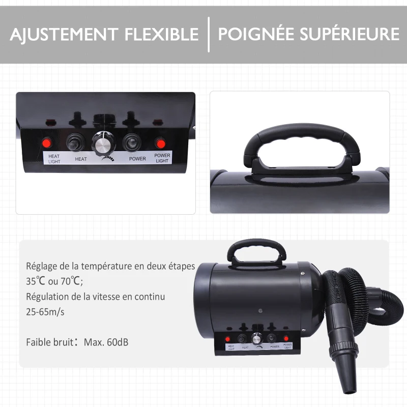 PawHut Séchoir professionnel sèche-poils toilettage pulseur sèche-cheveux pour chiens chats animaux 2800W vitesse et température réglable 3 buses interchangeables incluses noir