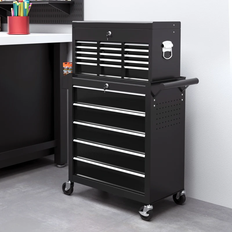 HOMCOM 14 Drawer, Two-Part Tool Storage Chest on Wheels - Black