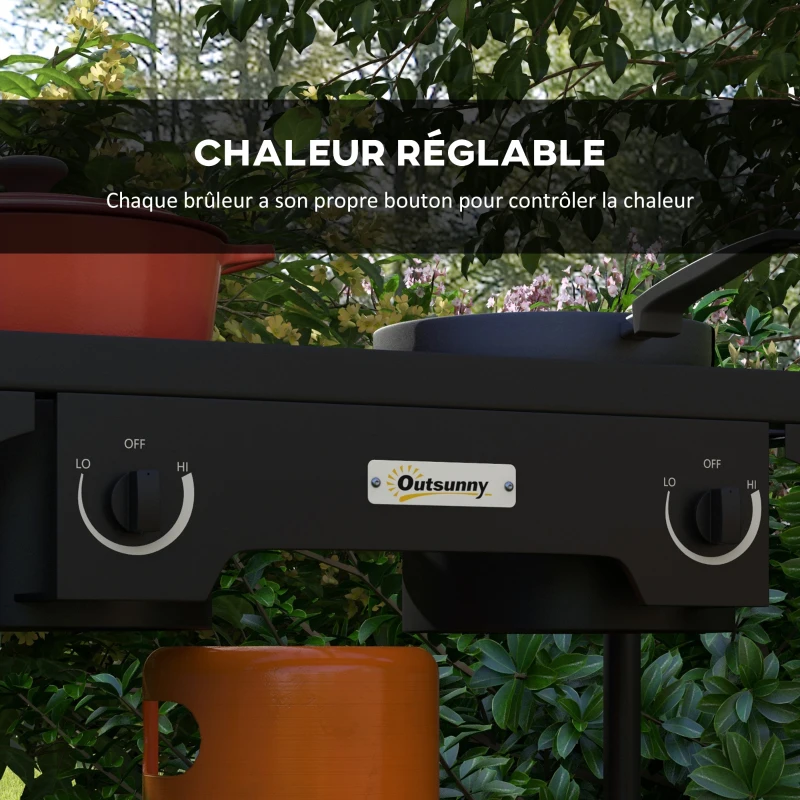 Outsunny Réchaud 2 brûleurs au propane portable 150 000 BTU/h avec 2 pieds amovibles pour extérieur, camping, métal moulé