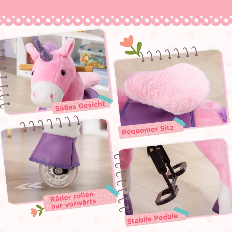 HOMCOM Schaukelpferd Einhorn, 4 Rollen, 2 Pedale, gepolsterter Sattel, 70 cm x 32 cm x 87 cm; Pink + Lila + Weiß