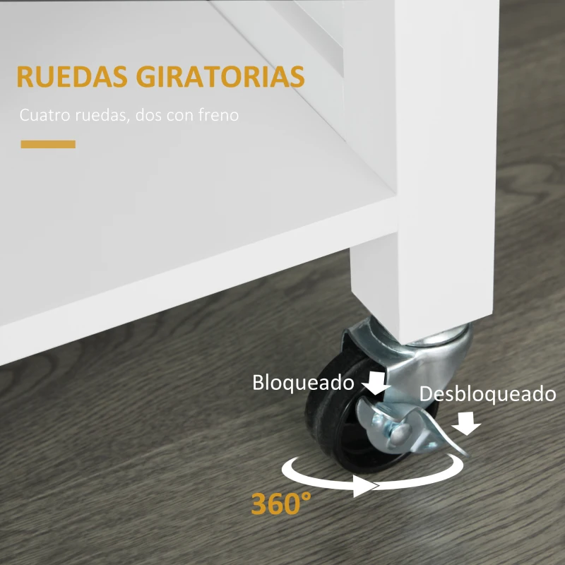 HOMCOM Isla de Cocina con Ruedas Mueble Auxiliar de Cocina con Cajón Estantes y Barra Lateral 107,5x48x89 cm Blanco(m-6)