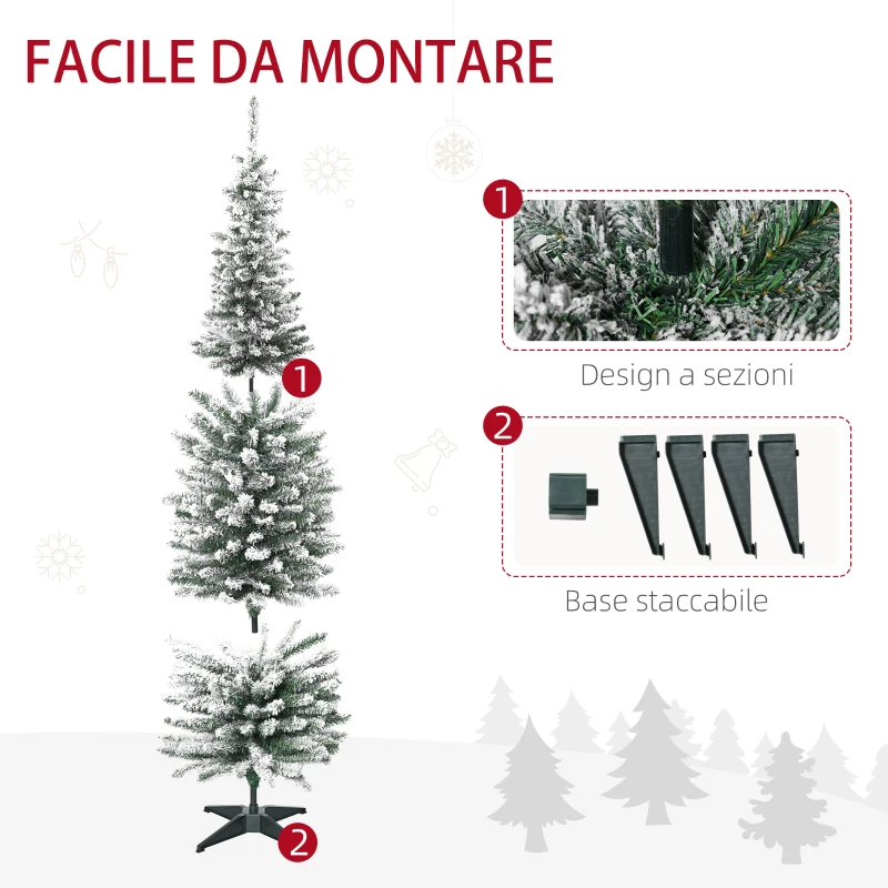 HOMCOM Albero di Natale Slim Artificiale 180 cm con Rami Realistici, Albero di Natale Innevato Alto e Stretto con Base Pieghevole, Verde