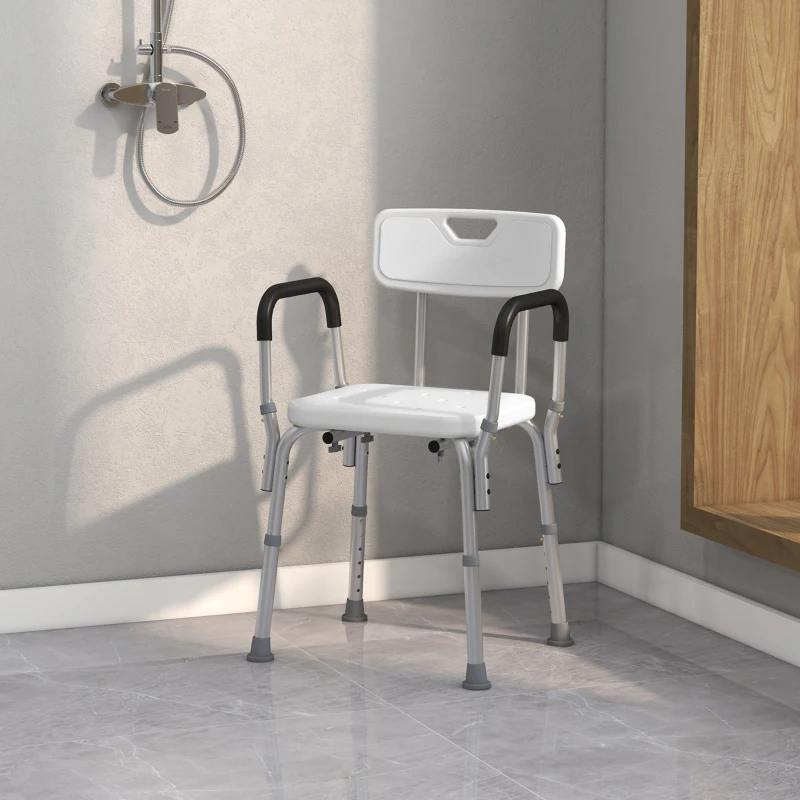 HOMCOM Sedia per Doccia in Alluminio con Altezza Regolabile e Piedini Antiscivolo, 51.5x51.5x71-84cm, Bianco