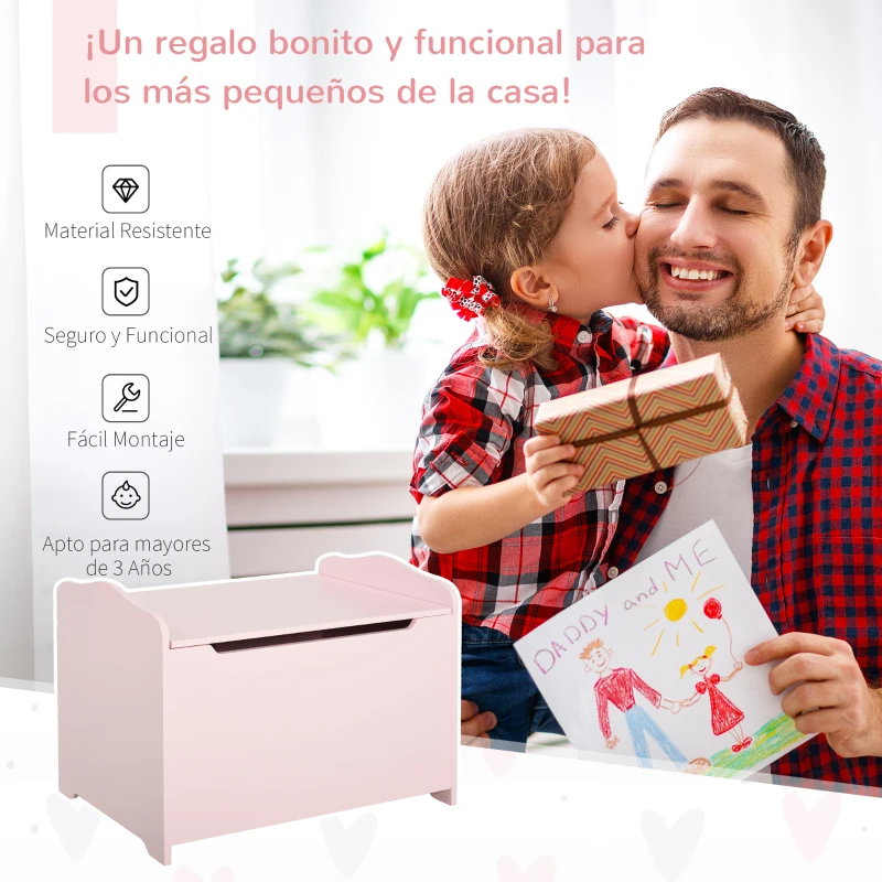 HOMCOM Caja de Almacenaje de Madera para Juguetes Baúl Organizador para Niños +3 Años con Tapa para Libros Ropa en Habitación Dormitorio 60x40x48 cm Rosa